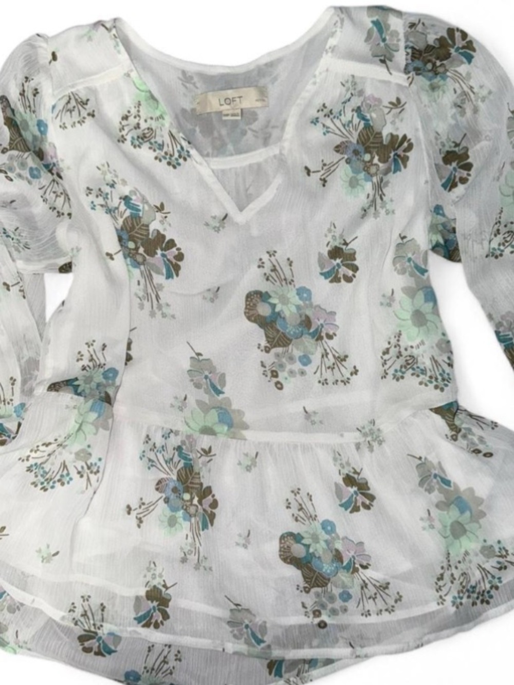 LOFT Pastel Floral V-Neck Blouse in White Size Small